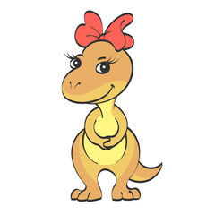 Little beige cute dinosaur girl with a red bow on her head. Figure on a white background.