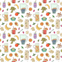 Smoothie natural fruit shake. Superfood health detox diet. Sketch style vector background. Hand drawn summer fruit drink