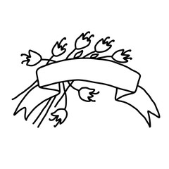 Ribbon grunge banner with flowers. Ink vector illustration.
