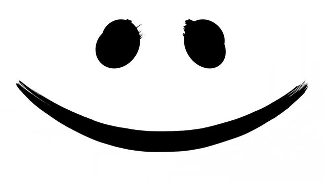 Brush paints a primitive smiling face in black ink on a white background. CG animation.