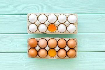 Blog pattern with eggs on mint green wooden background top view