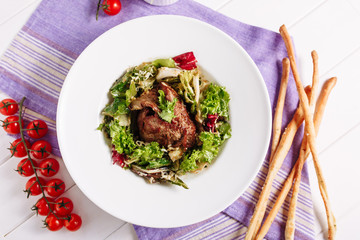 Tasty Roast Pork Meat Tenderloin Greens Salad. Palatable Beef Loin Chop Juicy Sirloin Cherry Tomatoes Dinner Plate. Breadsticks Side View Table Background Healthy Restaurant Menu Top Flat Lay