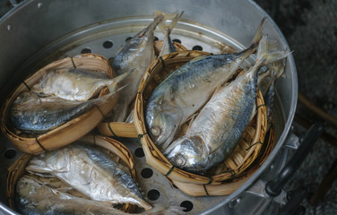 steamed mackerel fish at market in Thailand