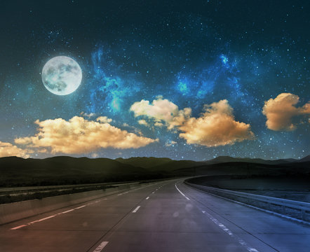 night road background with moon and stars