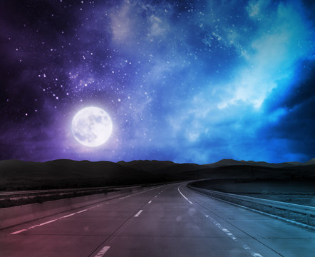 night road background with moon and stars