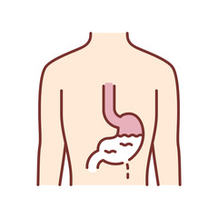 Ill stomach color icon. Gastritis. Sore human organ. People disease. Unhealthy digestive system. Sick internal body part. Gastrointestinal tract. Isolated vector illustration
