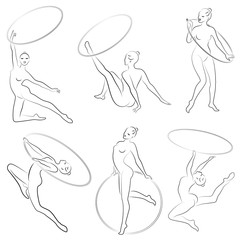 Collection. Rhythmic gymnastics. Silhouette of a girl with a hoop. Beautiful gymnast. The woman is slim and young. Vector illustation set