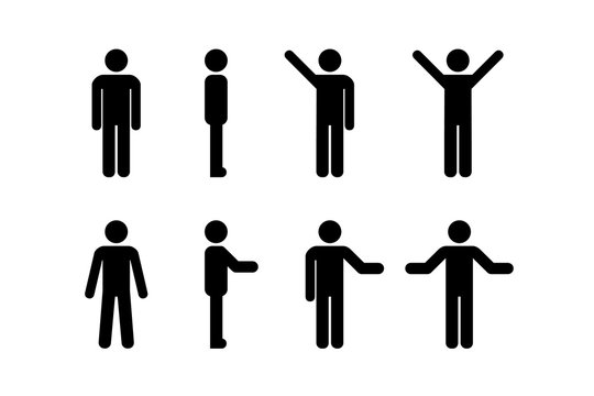 Man standing set, stick figure human. Vector illustration, pictogram of different human poses on white