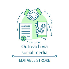 Outreach via social media concept icon. Social networks idea thin line illustration. Online PR. Brand awareness. Build new relationships. Vector isolated outline drawing. Editable stroke