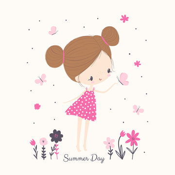 Little girl with butterflies and flowers. Cartoon vector illustration