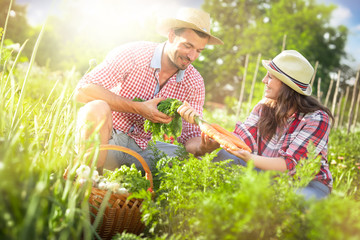 Happy couple in a vegetable garden