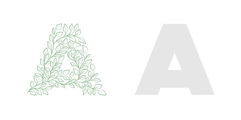 Hand-drawn capital letter A decorated with botanical pattern for lettering compositions. Vector illustration