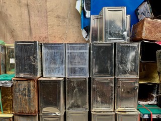 A group of oil bucket or pail, bin for recycle