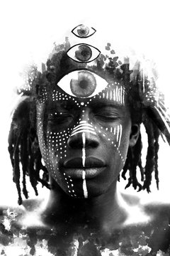 Paintography. Double exposure portrait of Attractive African man with traditional face paint combined with handmade painting of three eyes on his forehead