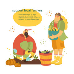 Support local farmers vector concept is about natural and organic food. planting seedlings with place for your text on the background. Gardener representing countryside life, country outfit.