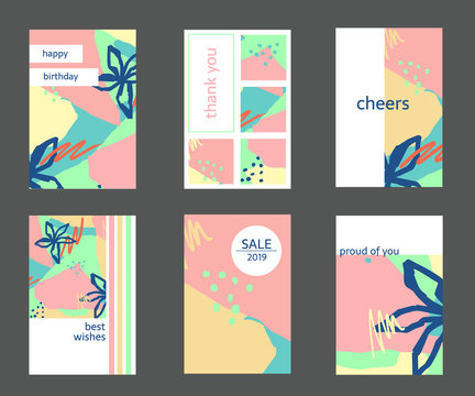 Set of colorful hand drawn universal cards and posters. Great texture design for birthday, wedding, date, sale, anniversary invitations, cards, posters, flyers, banners with a place for your text.