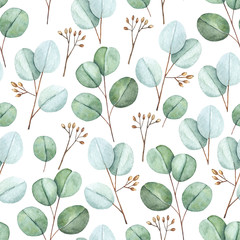 Watercolor floral seamless pattern with eucalyptus leaves and branches. Hand painted on white background. For design or background
