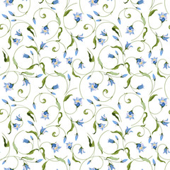 Seamless pattern with wild bell flowers, braided in Celtic ornament.