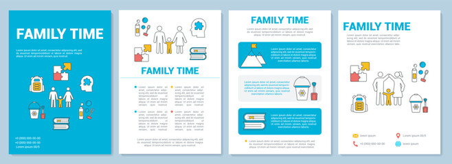 Family time brochure template layout. Kids games. Walk in park. Flyer, booklet, leaflet print design with linear illustrations. Vector page layouts for magazines, annual reports, advertising posters