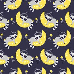 Seamless pattern with cute raccoon astronaut, stars and comets. Space Background for Kids. Vector