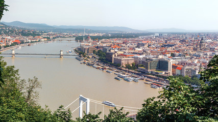 Panoramic view from above to the historic Budapest city and Danube river in Hungary, Budapest cityscape