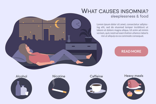Female insomniac lying in bed at night. Tired woman suffer from sleeping disorder, insomnia, nightmare, sleeplessness. Sleepy character trying to fall asleep. What causes insomnia banner.