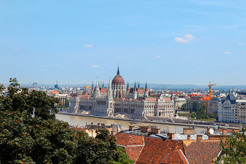 Fototapeta na wymiar Panoramic view of Budapest cityscape with a parliament building and Danube river, Hungary