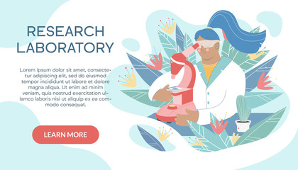 Scientist working in laboratory on the abstract background. Medical researcher doing experiments and research with microscope. Chemistry research concept. Vector pharmaceutical banner with text area.
