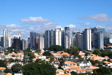 Flat cityscape with blue sky, white clouds and sun. Modern city skyline flat panoramic background. Urban city tower skyline illustration