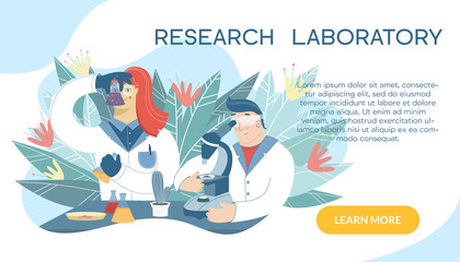 Scientist working in laboratory on the abstract background. Medical researchers doing experiments and research with microscope and flasks. Chemistry research concept. Vector pharmaceutical banner.