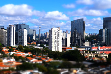 Miniature rooftop view of downtown skyscraper buildings by tilt-shift in Sao Paulo Brazil
