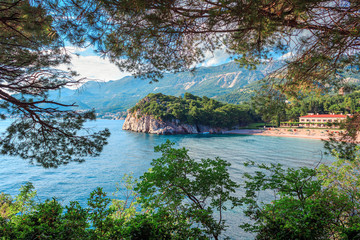 Picturesque summer view to Adriatic sea coast, villa Milocer with Royal beach in Montenegro, Amazing spot to visiting in Europe