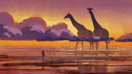 Silhouette of giant futuristic giraffes in the clouds. A young woman stands on the beach at sunset and looking at the huge animals walking on the sea. Digital art style. Digital painting. Concept art.