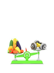 Fresh vegetables and dumbbells on different scales. Conceptual illustration with empty place for text. 3d rendering