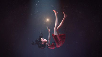 3d illustration of a girl in a retro dress falling down in deep space with stars. Young cartoon woman hovering in air. Girl in the dark extends hand to the shining star. Space art. Deep dream concept.