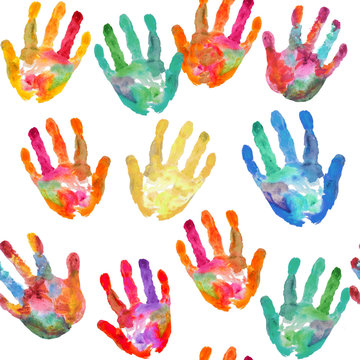 watercolor Diversity Vintage hand prints seamless pattern background. white background for kids.