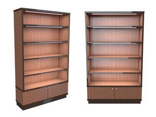 Open cabinet showcase of light wood with illuminated shelves. 3d illustration