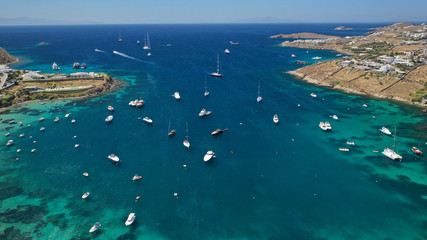 Aerial drone photo of paradise celebrity bay of Ornos famous for pool resorts and sandy turquoise...
