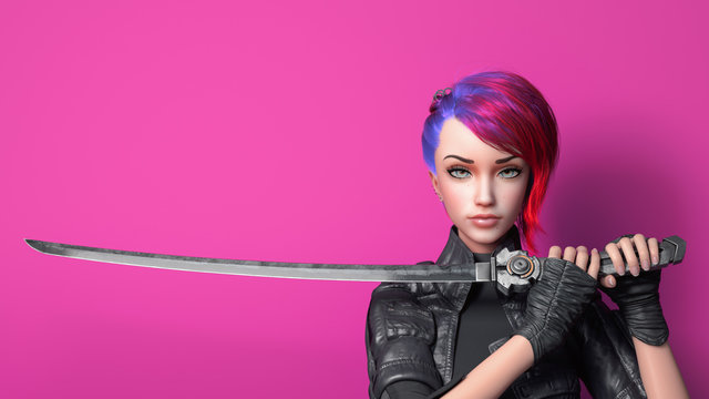 Portrait of a young beautiful cyberpunk girl looking at the camera and holding a futuristic katana sword with two hands. Urban woman with short red hair and blue eyes. 3d render on a pink background.
