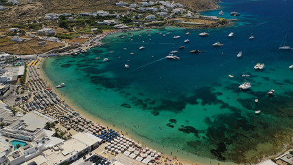 Aerial drone photo of paradise celebrity bay of Ornos famous for pool resorts and sandy turquoise...