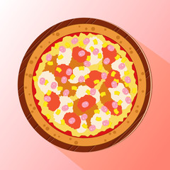 Vector illustration of pizza topped by pineapple, cheese and ham