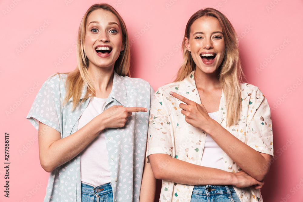 Poster Two attractive young girls standing isolated