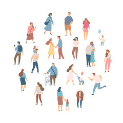 Crowd of people. Men and women flat vector set. Different walking and running people. Outdoor. Male and female. Flat vector characters isolated on white background.	