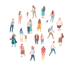 Crowd of people. Men and women flat vector set. Different walking and running people. Outdoor. Male and female. Flat vector characters isolated on white background.	