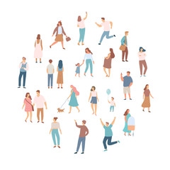 Crowd of people. Men and women flat vector set. Different walking and running people. Outdoor. Male and female. Flat vector characters isolated on white background.	