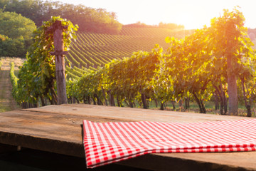 Vineyard tabletop design. Wine background. Autumn design with vineyard and empty display. Autumn...