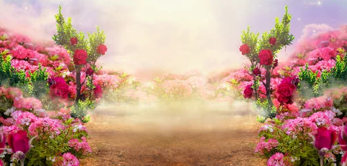 Foto op Plexiglas Fantasy summer panoramic photo background with rose field, trees and misty path leading to mysterious glade. Idyllic tranquil morning scene and empty copy space. Road goes across hills to fairytale. © julia_arda