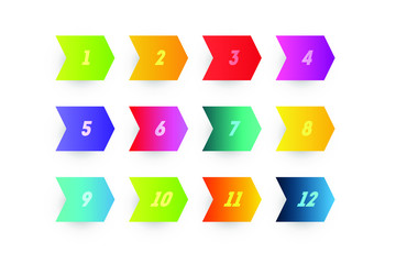 Cartoon colorful gradient arrow bullet point numbers 1 to 12 