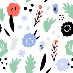 Floral abstract seamless pattern. Hand drawn, Doodle style plants for packaging, textiles and other designs...