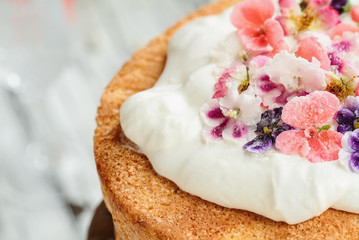 Victoria Sponge Cake with whipped cream and Sugared Flowers over a white wooden rustic table top.   